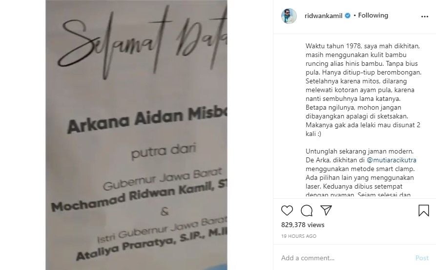 Cerita Ridwan Kamil dikhitan pakai kulit bambu runcing (IG/ridwankamil)