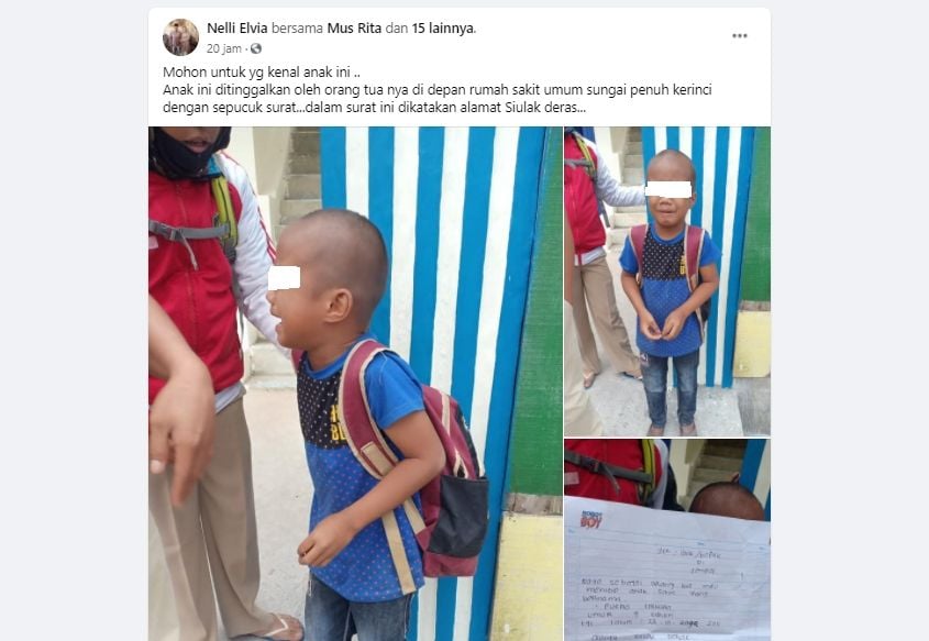 Kabar seorang anak yang dibuang orang tuanya. (Facebook Nelli Elvia).