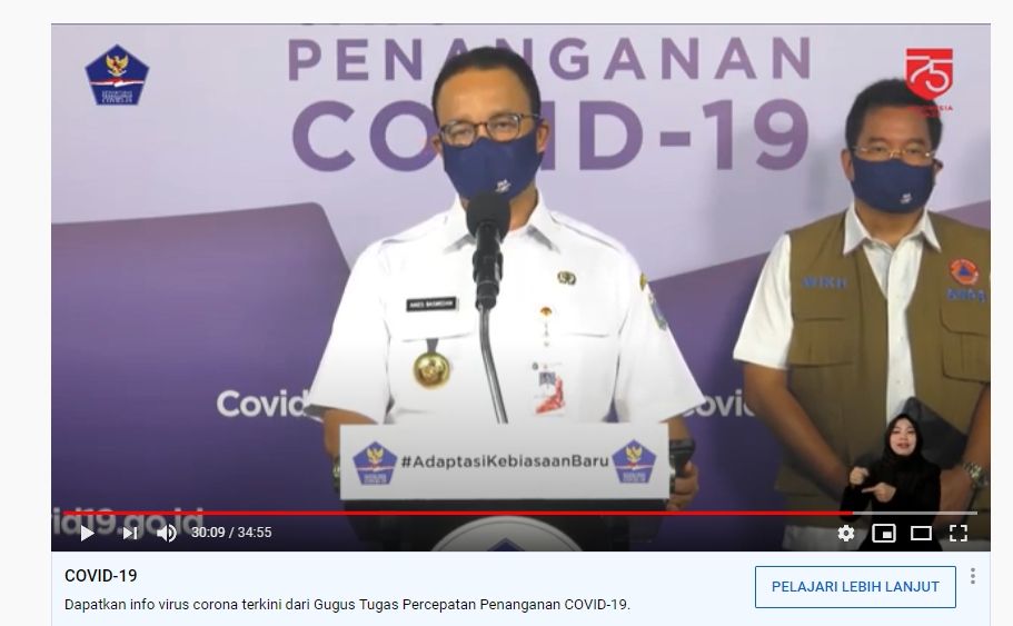 Anies Baswedan mengumumkan bahwa bioskop di Jakarta akan segera dibuka. (Youtube BNPB Indonesia)