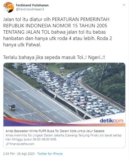 Ferdinan menentang usulan Anies buka jalur sepeda di Tol Dalam Kota (Twitter/ferdinanhaean3)