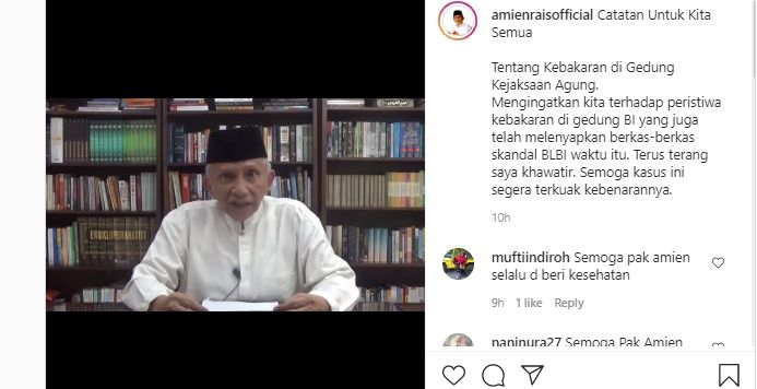 Amien Rais menanggapi kasus kebakaran gedung Kejaksaan Agung. (Instagram/Amien Rais Official)