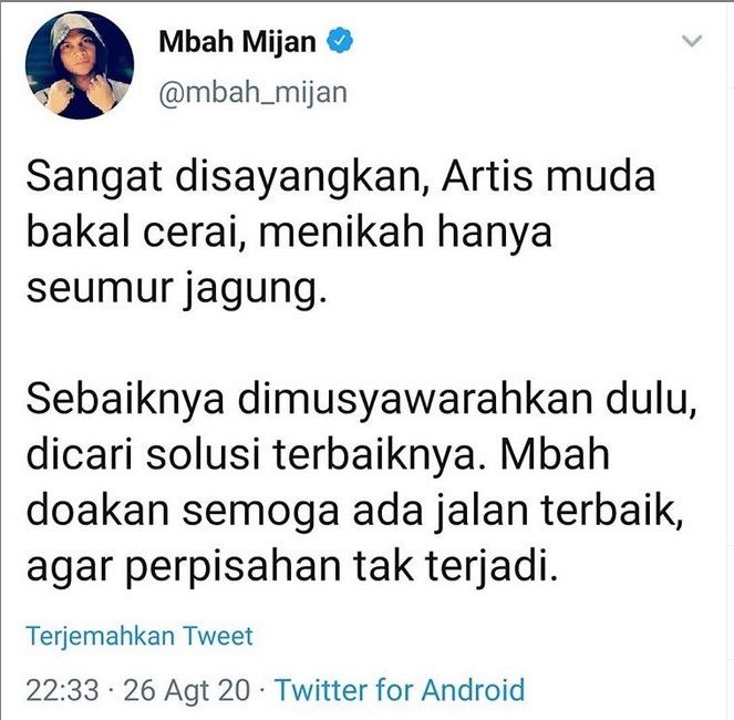 Mbah Mijan ngetwit soal pasangan suami istri baru menikah, yang terancam perceraian. [Instagram]