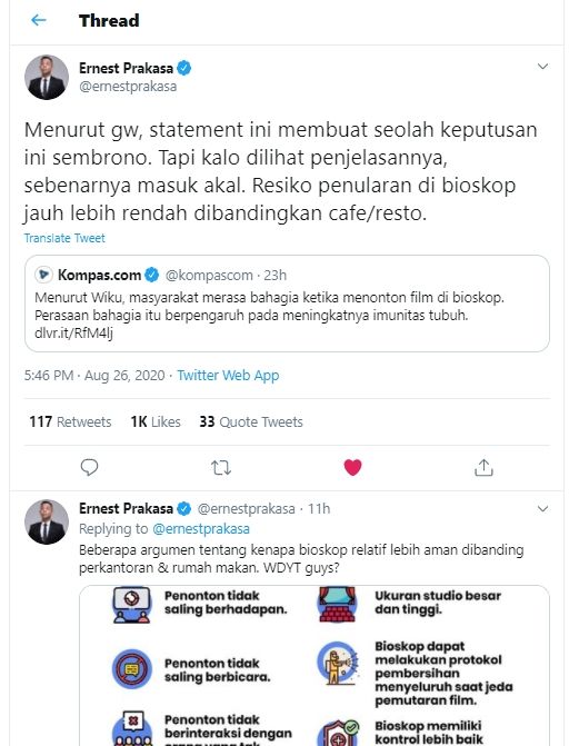 Komentar Ernest Prakasa terkait wacana pembukaan bioskop di Jakarta. (Twitter @ernestprakasa)