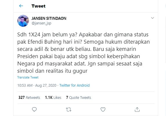 Jansen Sitindaon Angkat Bicara Soal Penangkapan Effendi Buhing. (Twitter @jansen_jsp).