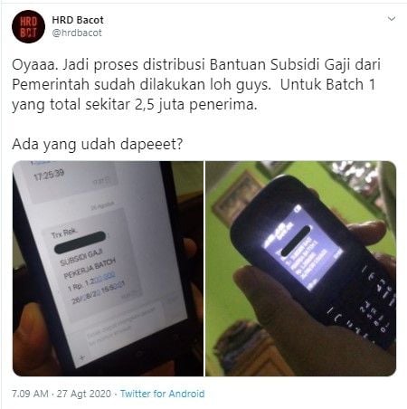 subsidi gaji Rp 600 ribu sudah cair (Twitter/hrdbacot)