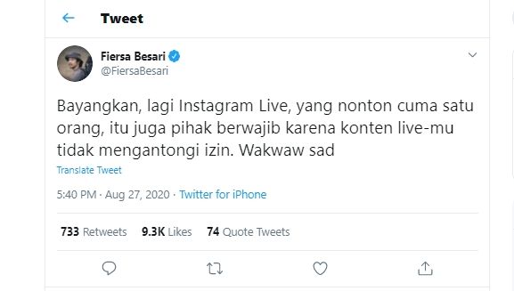 Heboh gugatan RCTI, ini kata FIersa Besari. (Twitter: @FiersaBesari).