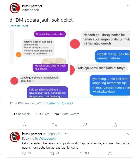 Viral percakapan dengan saudara jauh yang dinilai bikin emosi. (Twitter: @thepopoh)