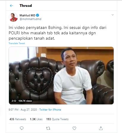 Respon Mahfud MD soal kasus Effendi Buhing. (Twitter: @mohmahfudmd)