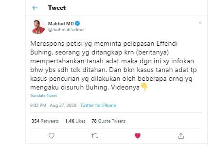 Mahfud MD respon soal Effendi Buhing (Twitter: @mohmahfudmd)