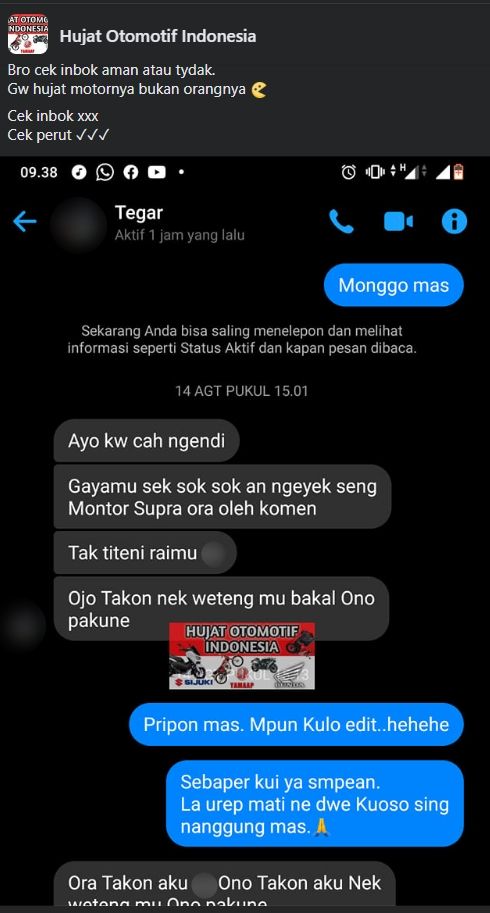 Tak terima motornya diejek, pengendara Honda Supra ancam santet. (Facebook/Hujat Otomotif Indonesia)