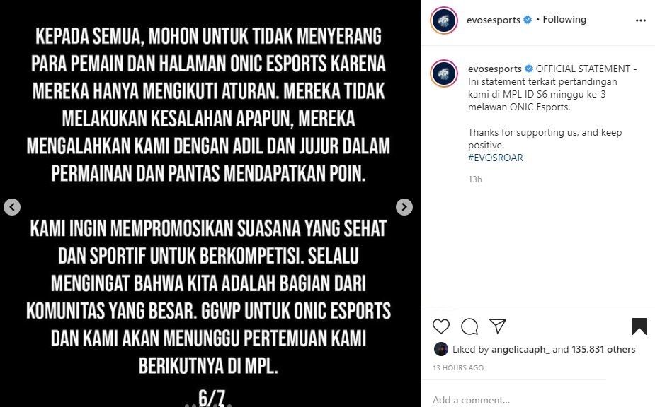 Pernyataan resmi EVOS Legends setelah duel panas mereka dengan ONIC Esports. (Instagram/ evosesports)