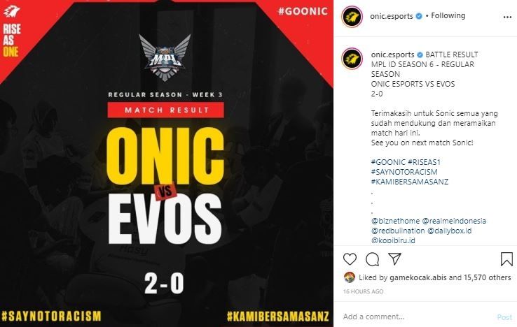 Postingan dari ONIC ini mendapatkan belasan ribu komentar negatif dari oknum fans EVOS Legends. (Instagram/ onic.esports)