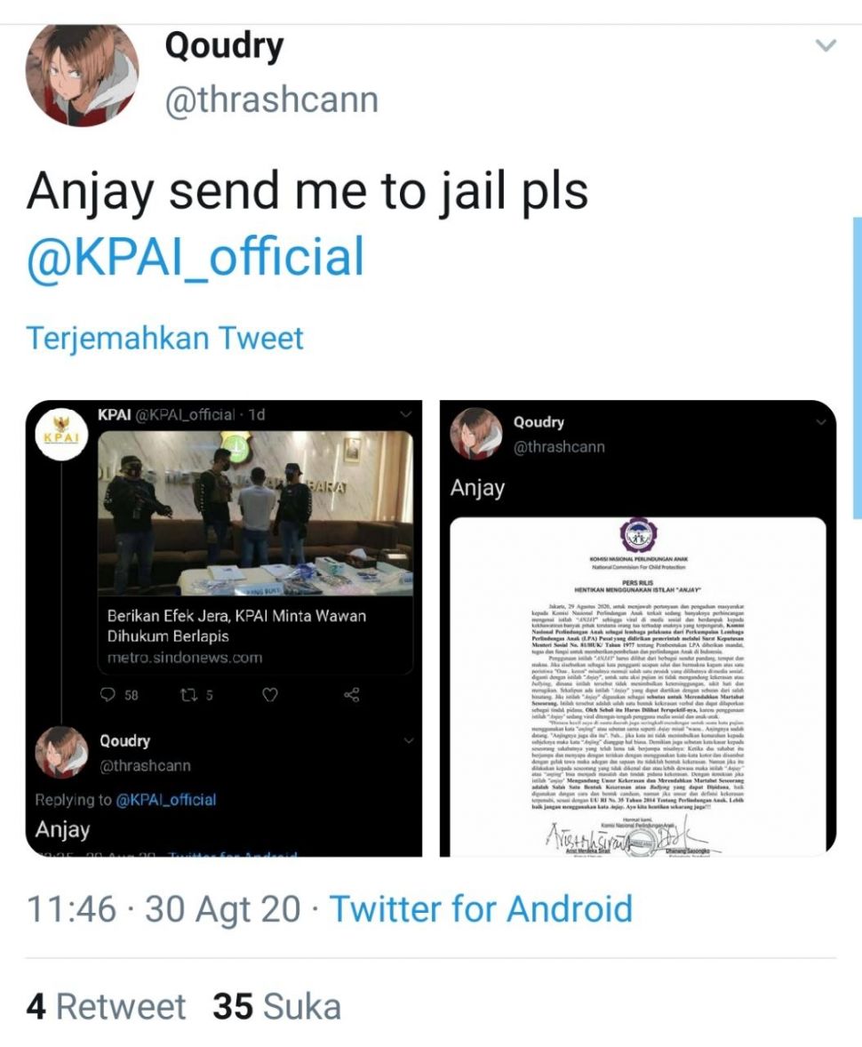 Bullyan warganet kepada KPAI terkait kata 'anjay' (Twitter)