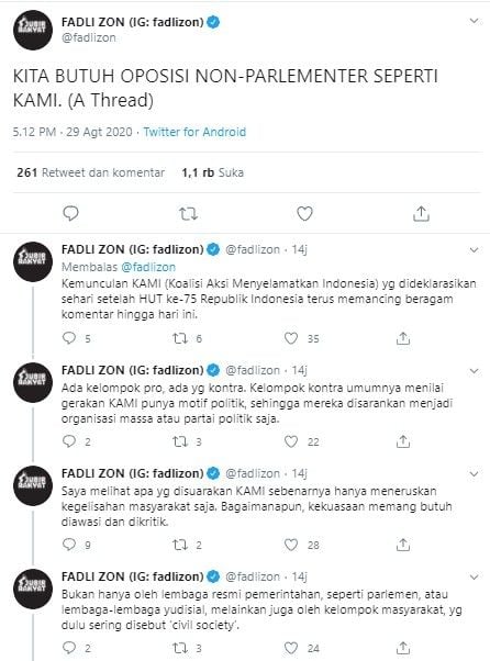 Fadli Zon komentari kemunculan KAMI (Twitter/fadlizon)