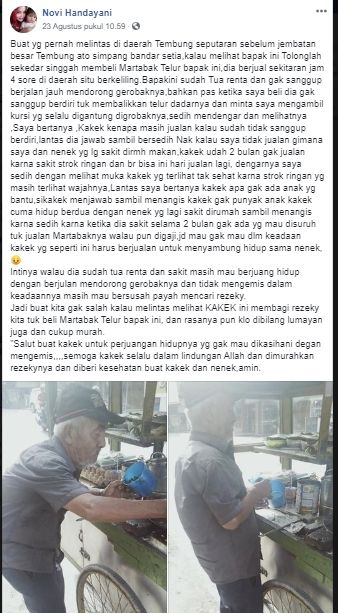  Menyayat Hati, Kakek Ini Tetap Jual Martabak Meski dalam Kondisi Stroke. (Facebook/Novi Handayani)