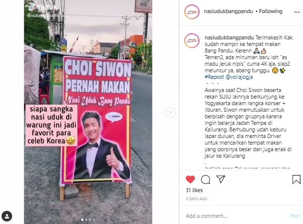 Endingnya Plot Twist, Konon Siwon Pernah Jajan Nasi Uduk Ini di Yogyakarta. (Instagram/@nasiudukbangpandu)