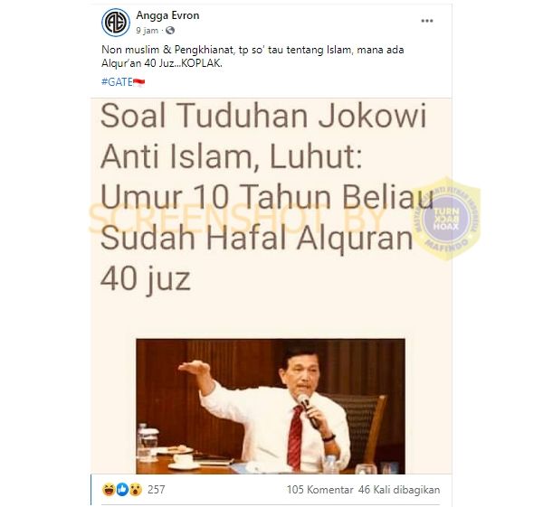 Soal Tuduhan Jokowi Anti Islam, Luhut: Umur 10 Tahun Beliau Sudah Hafal Alquran 40 Juz. (Turnbackhoax.id).