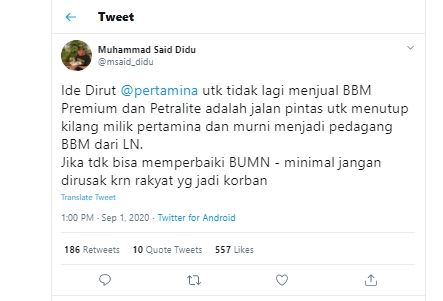 Said Didu Tanggapi Wacana Penghapusan Premium dan Pertalite (Twitter/@msaid_didu).