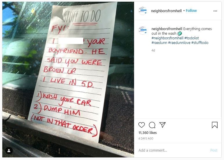 Wanita Diminta Putuskan Pacar Oleh Tetangga (instagram.com/neighborsfromhell)