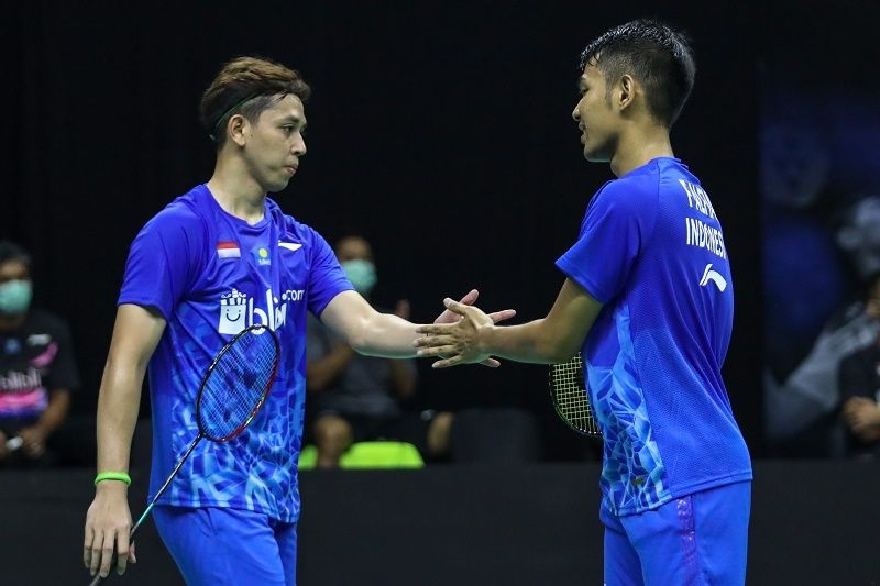 Pasangan ganda putra Indonesia, Fajar Alfian / Muhammad Rian Ardianto berhasil menggandakan keunggulan tim Rajawali menjadi 2-0 atas tim Garuda di laga pertama Simulasi Piala Thomas 2020, Selasa (1/9/2020). [Dok. PBSI]