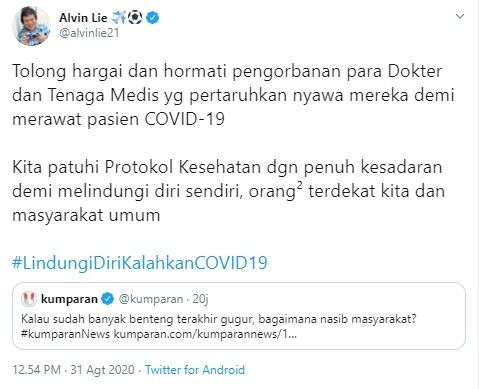 Alvin Lie minta masyarakat hargai pengorbanan tenaga medis (Twitter/alvinlie21)