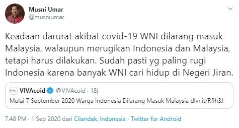 Komentar Rektor UIC soal larangan WNI masuk Malaysia (Twitter.musniumar)