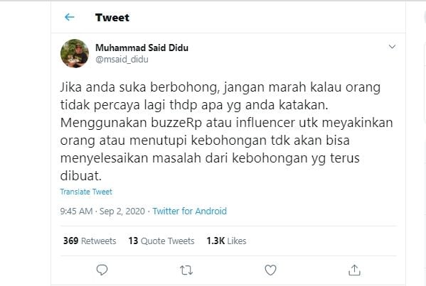 Said Didu Komentari Keberadaan BuzzeRp dan Influencer lewat Twitternya (Twitter/@msaid_didu).