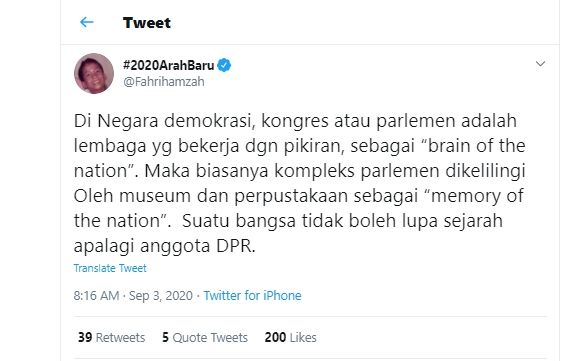 Cuitan Fahri Hamzah soal suatu bangsa apalagi anggota DPR tidak boleh lupa dengan sejarah. (Twitter/@fahrihamzah).