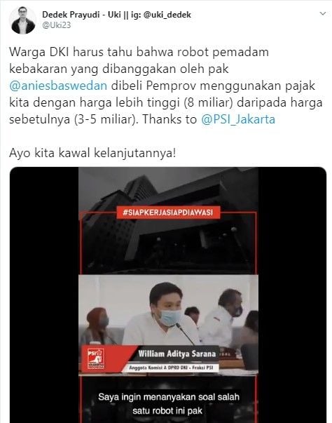 Dugaan korupsi robot damkar DKI (Twitter/uki23)