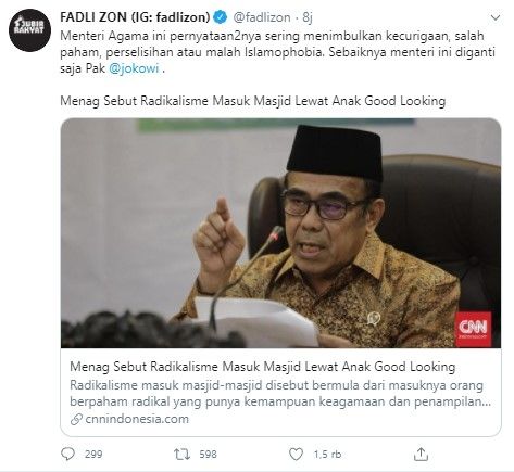 Fadli Zon usul Menag Fachrul Razi diganti (Twitter/fadlizon)