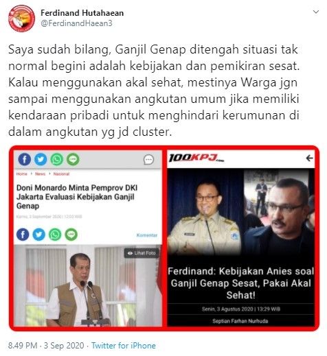 Ferdinand Hutahaean kritik ganjil genap di tengah lonjakan kasus Covid-19 (Twitter/ferdinandhaean3)