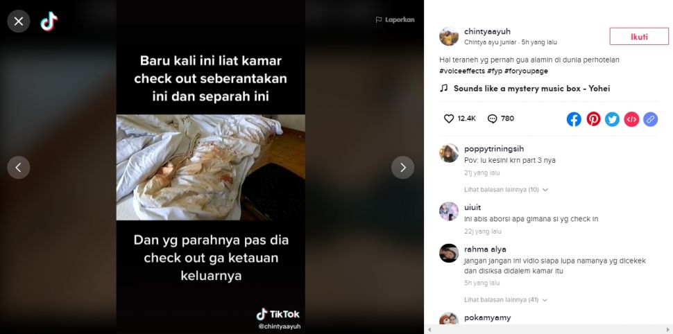 Viral Video Hotel Berdarah (TikTok/@chintyaayuh).