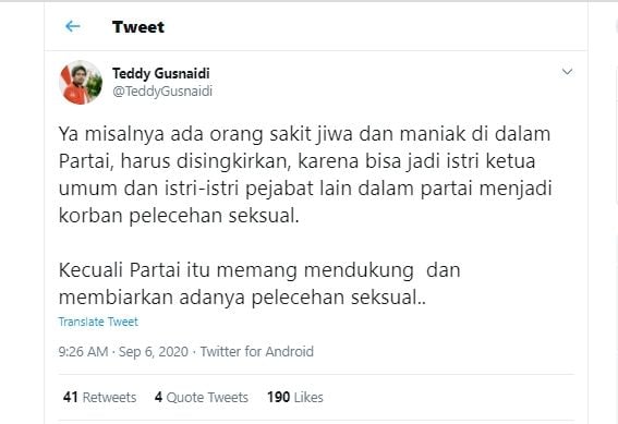 Cuitan Teddy PKPI Terkait Kasus Pelecehan Seksual (Twitter/@teddygusnaidi).