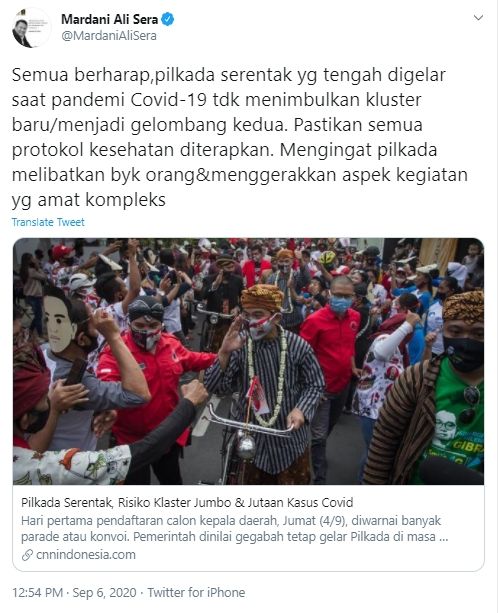 Cuitan Mardani Ali Sera Tentang Pilkada di Tengah Pandemi (Twitter/@MardaniAliSera).