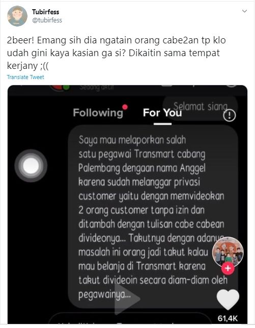 Viral Kasus Pegawai yang Sebut Customer Cabe-Cabean (Twitter/@tubirfess).