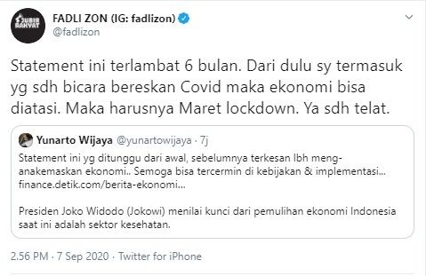 Fadli Zon kritik Jokowi telat prioritaskan sektor kesehatan (Twitter/fadlizon)