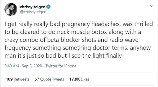 Chrissy Teigen Gunakan Botox untuk Atasi Sakit Kepala saat Hamil (twitter.com/chrissyteigen)