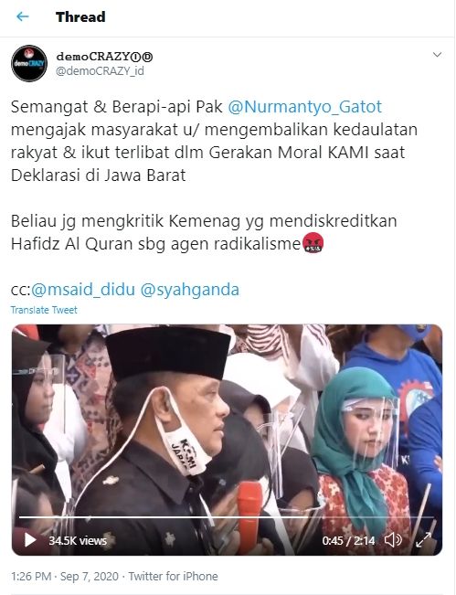 Gatot Nurmantyo Bela Hafiz Alquran (Twitter/@demoCRAZY_id).