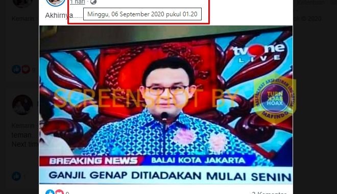 [SALAH] Ganjil Genap Jakarta Ditiadakan Mulai 7 September 2020 (Turnbackhoax.id).