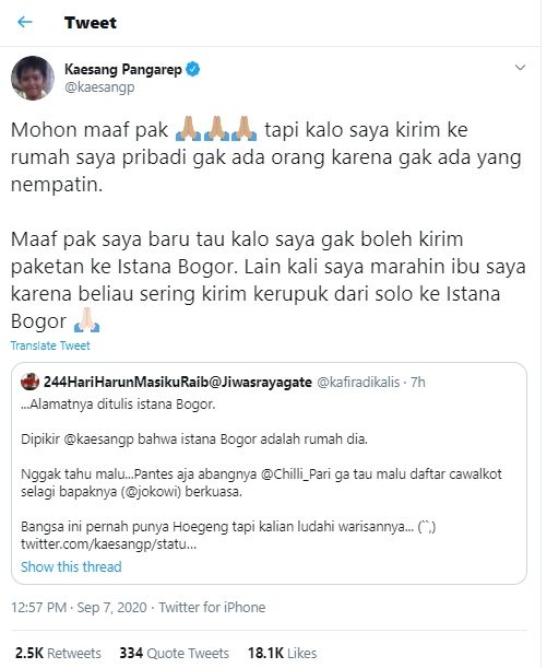 Cuitan Kaesang Pangarep (Twitter/@kaesangp).