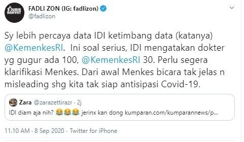 Fadli Zon desak Menkes Terawan klarifikasi beda data dokter gugur (Twitter/fadlizon)