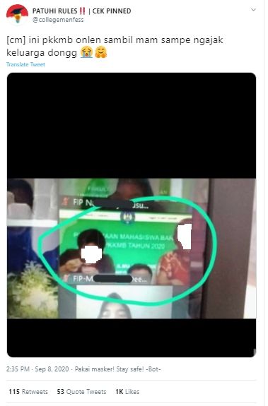 Viral Ospek Online Sambil Makan dan Didampingi Keluarga (Twitter/@collegemenfess).