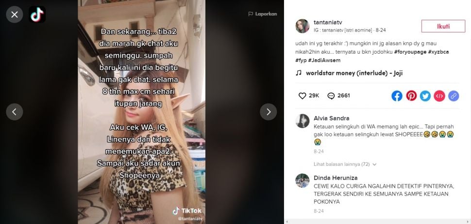 Perselingkuhan terbongkar lewat akun Shopee (TikTok/tantaniatv)