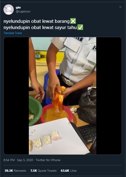 Gegerkan Publik, Pria Ini Selundupkan Obat Terlarang Pakai Sayur Tahu (Twitter/@captmor)