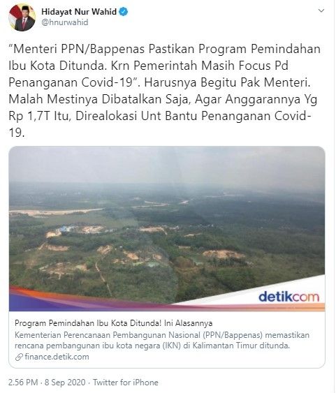 HNW usul pemindahan ibu kota negara dibatalkan (Twitter/hnurwahid)