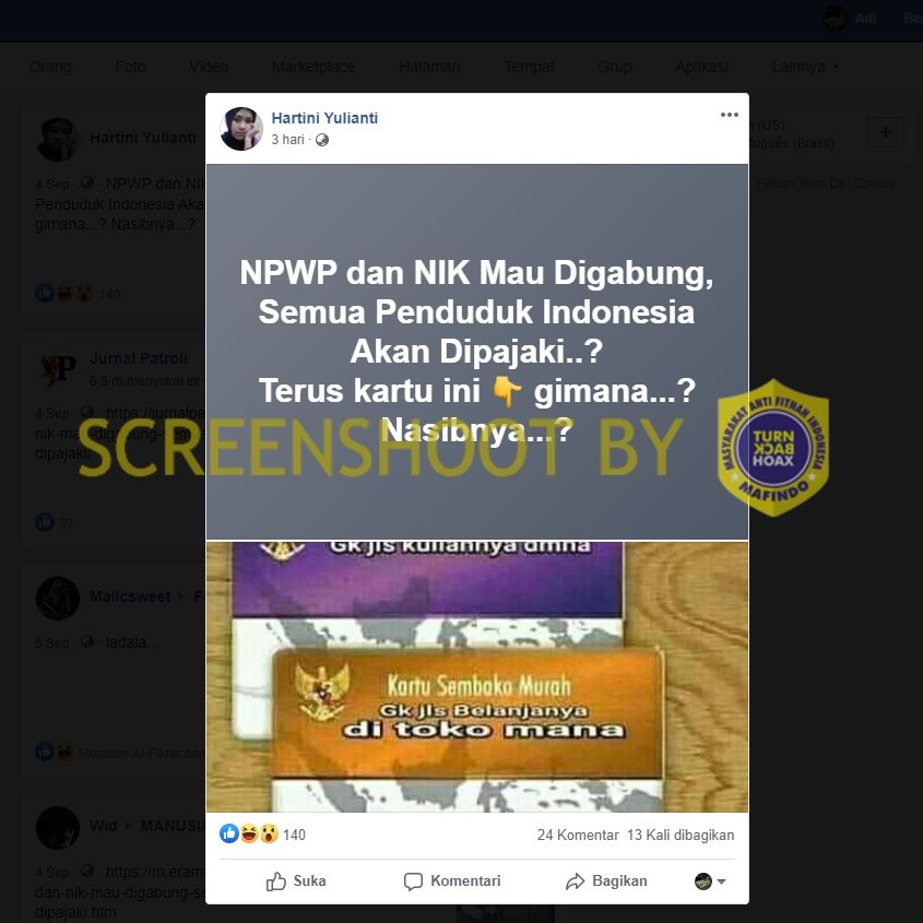 [SALAH] NPWP dan NIK Digabung, Semua Penduduk Kena Pajak (Turnbackhoax.id).