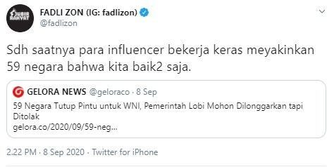 Komentar Fadli Zon soal 59 negara tutup pintu untuk WNI (Twitter/fadlizon)