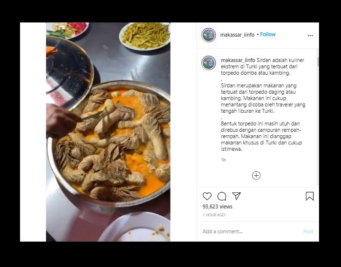 Unik! Begini Wujud Sirdan, Kuliner Ekstrem dari Torpedo Kambing khas Turki. (Instagram/@makassar_iinfo)