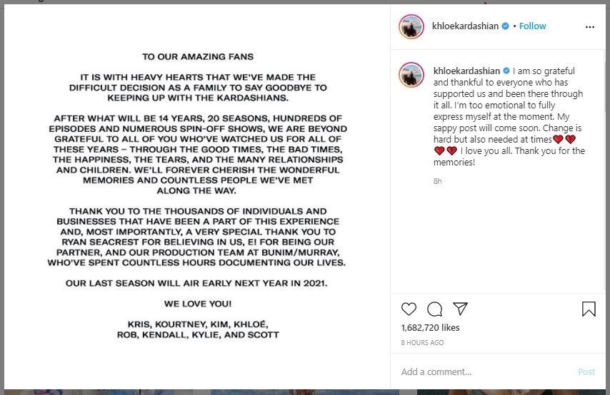 Reality Show KUWTK Berakhir Tahun Depan (instagram.com/khloekardashian)