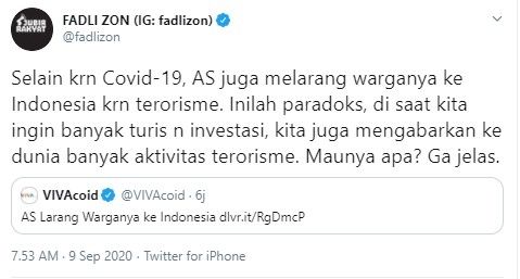 Komentar Fadli Zon soal 59 negara tutup pintu untuk WNI (Twitter/fadlizon)